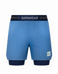 Light blue supawear colour blocked lined athletic shorts with navy waistband and matching inner layer for activewear