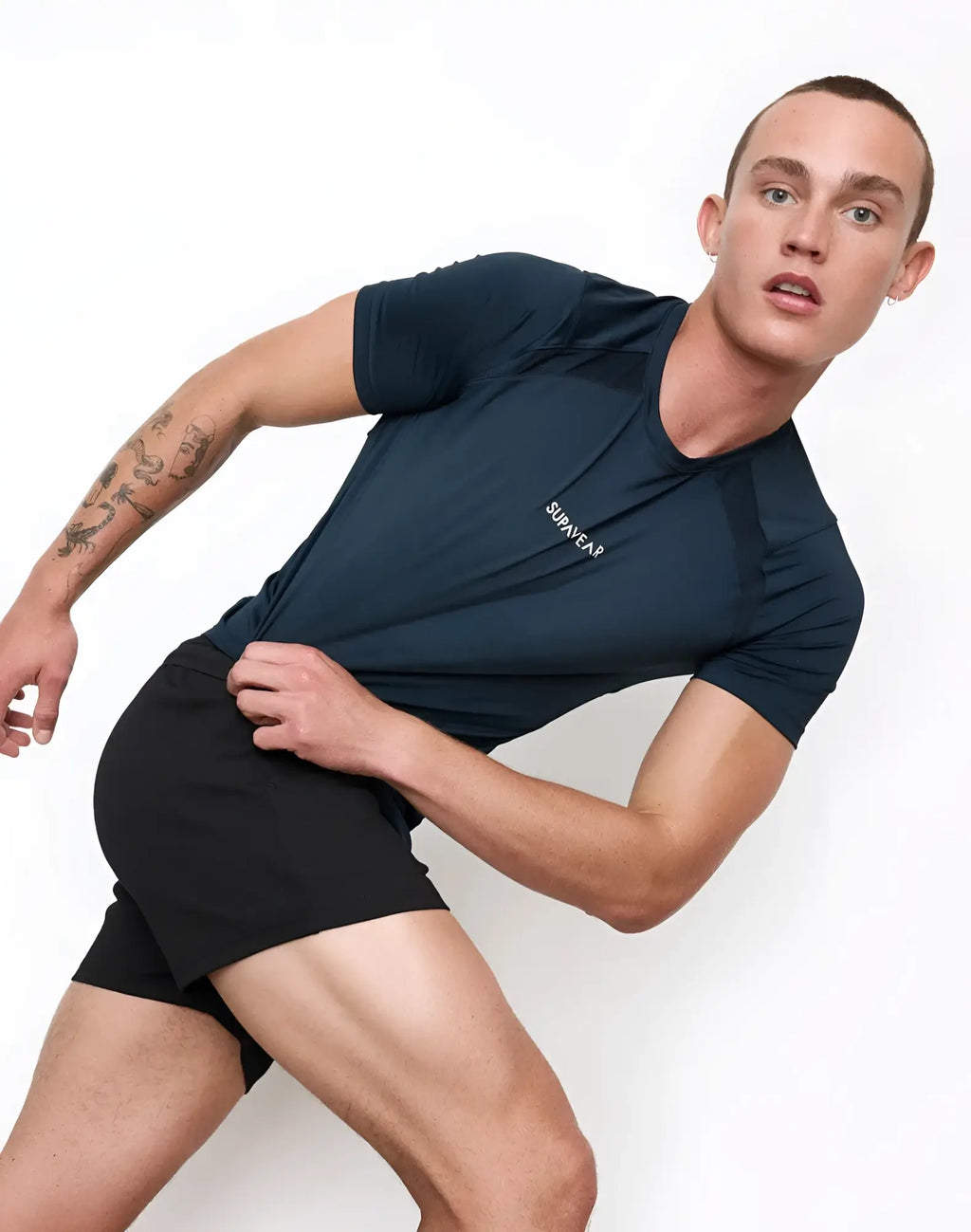Dark navy blue short-sleeved athletic contouring t-shirt with subtle side paneling and white survivar logo on chest