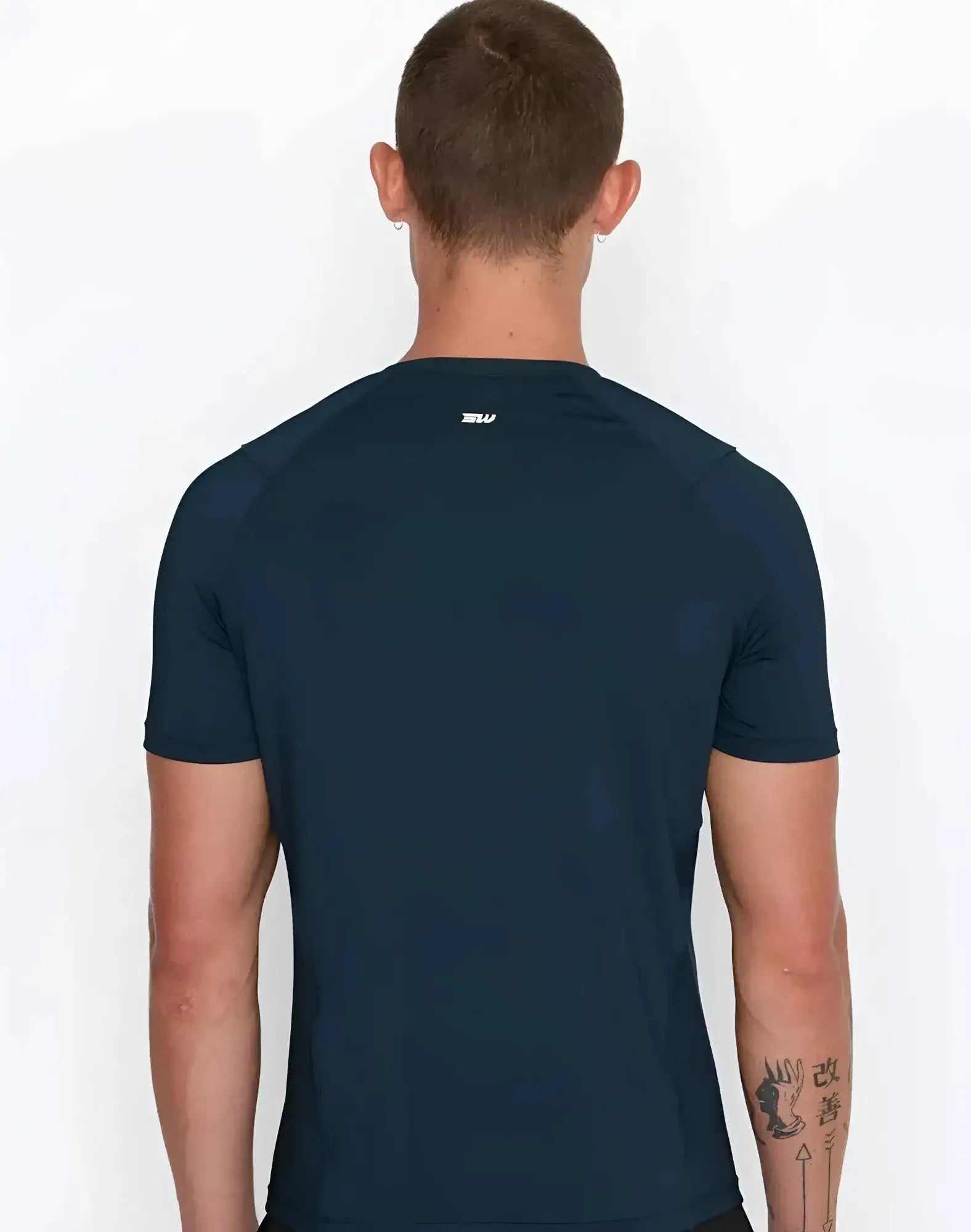 SupaWear contouring dark navy blue short-sleeved athletic t-shirt with subtle white logo at the neckline