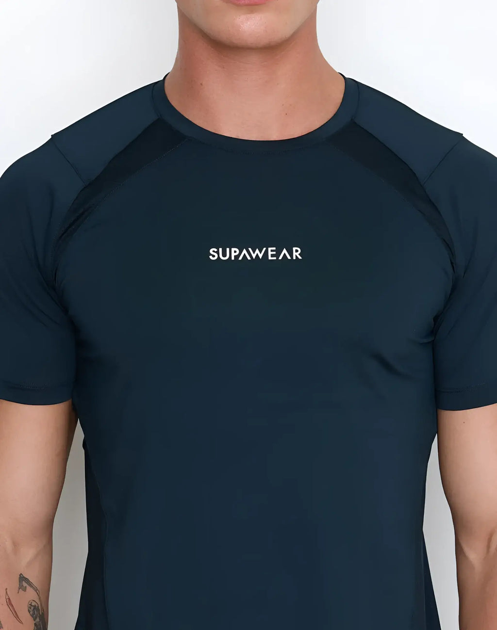 Dark navy blue short-sleeved supawear contouring t-shirt with black mesh shoulders and white branding on chest