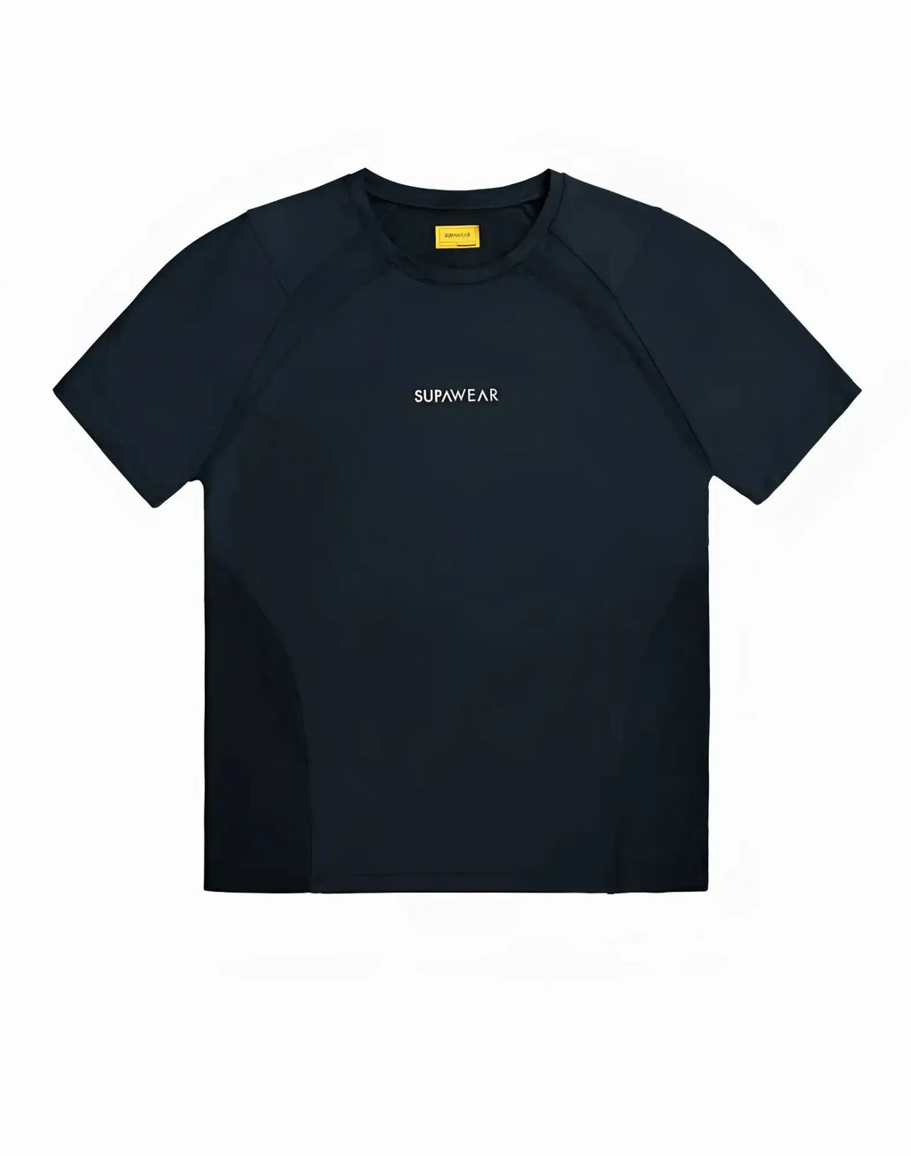 Black supawear contouring short-sleeved t-shirt with subtle white chest branding and yellow neckline tag