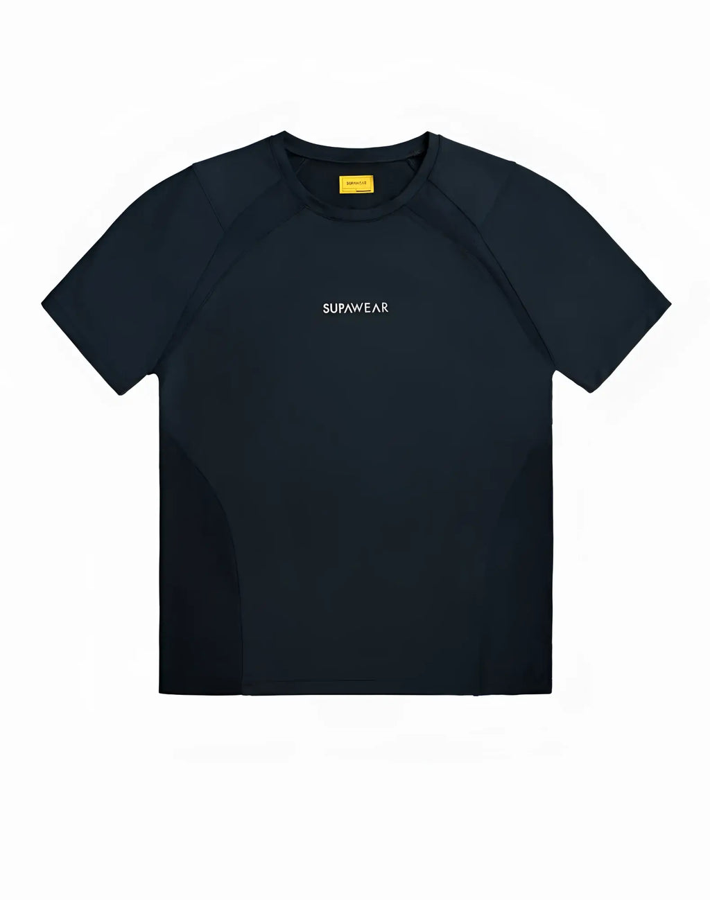 Black supawear contouring short-sleeved t-shirt with subtle white chest branding and yellow neckline tag