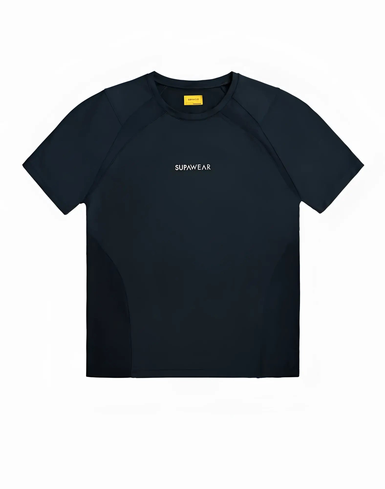 Black supawear contouring short-sleeved t-shirt with subtle white chest branding and yellow neckline tag