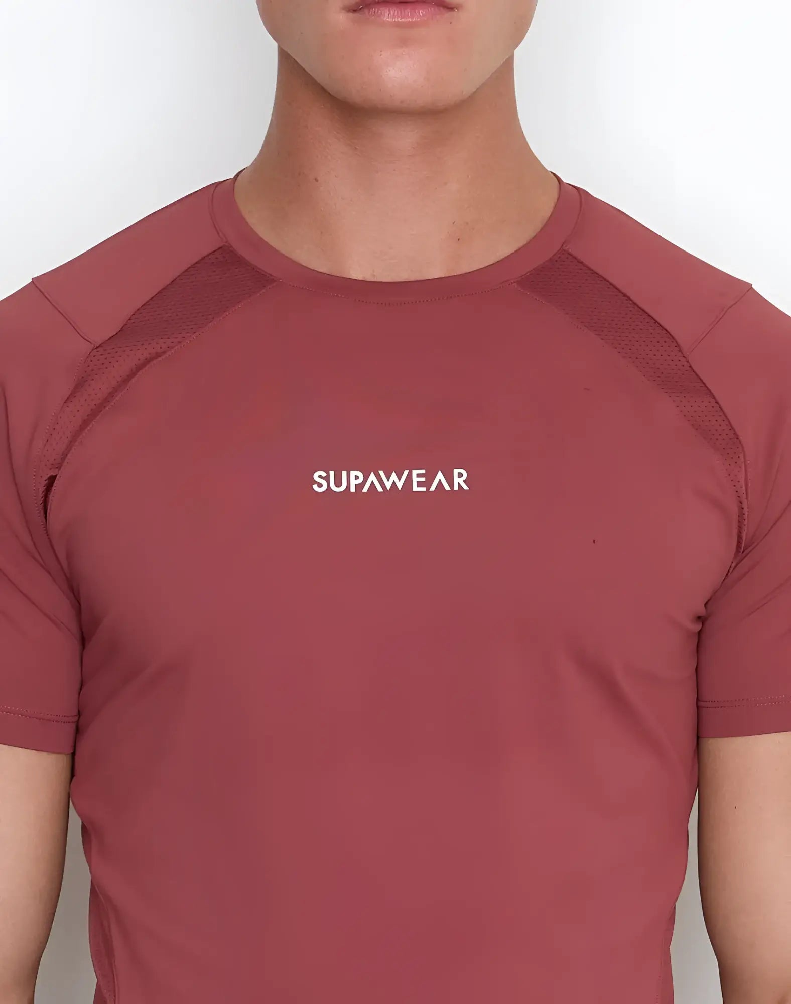 Maroon supawear contouring athletic t-shirt with mesh panels on shoulders and sleeves for enhanced breathability