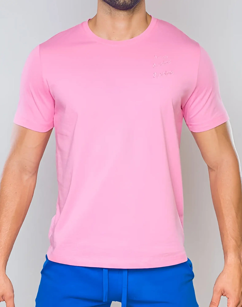 SupaWear crew neck t-shirt in sachet pink with short sleeves and subtle embroidered text on the left chest