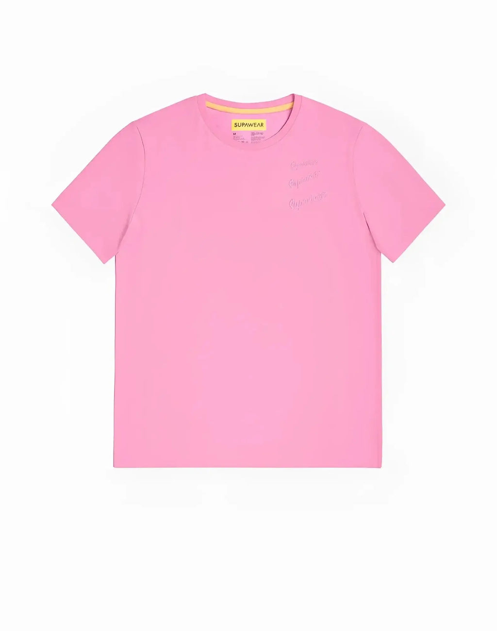 SupaWear crew neck t-shirt in sachet pink with soft fabric, subtle embroidered signature, and yellow neckline tag