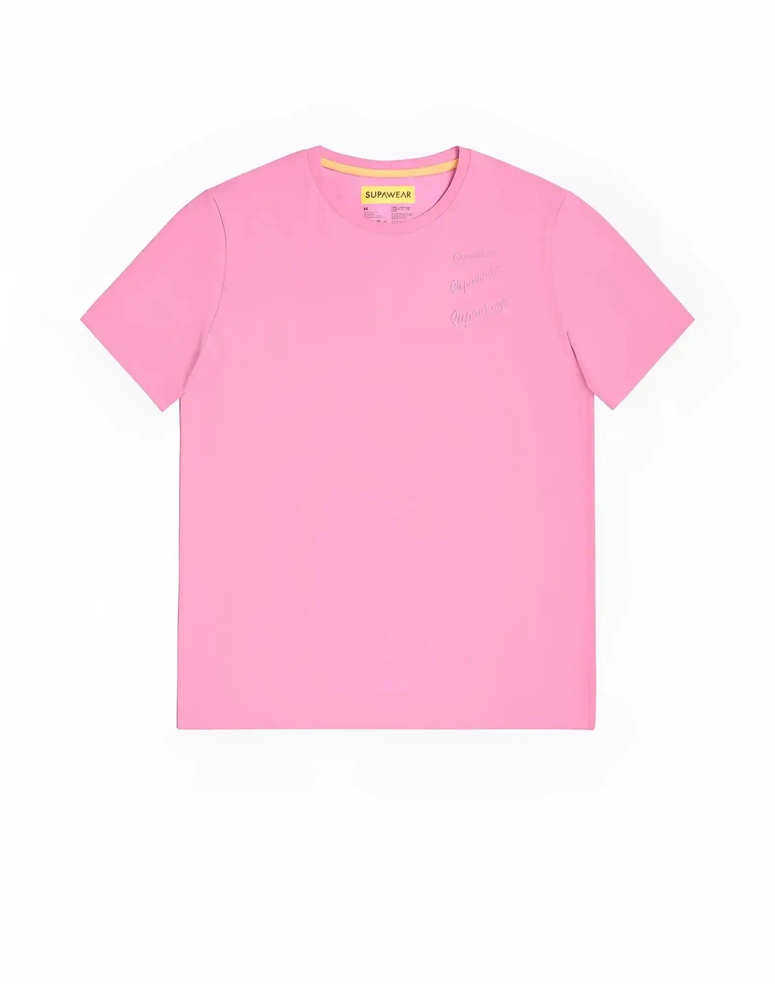 SupaWear crew neck t-shirt in sachet pink with soft fabric, subtle embroidered signature, and yellow neckline tag