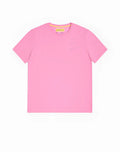 SupaWear crew neck t-shirt in sachet pink with soft fabric, subtle embroidered signature, and yellow neckline tag