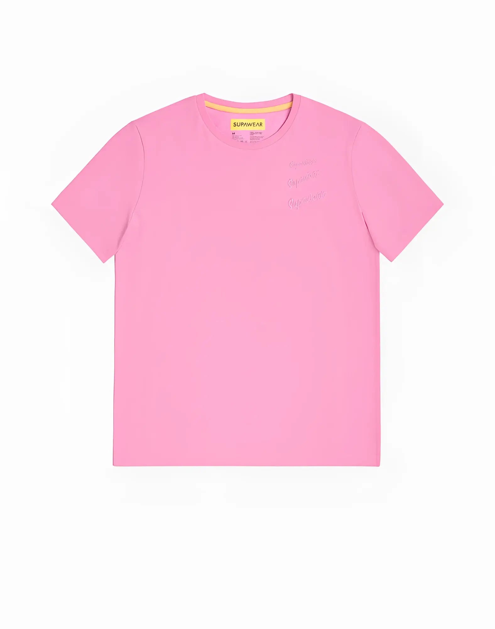 SupaWear crew neck t-shirt in sachet pink with soft fabric, subtle embroidered signature, and yellow neckline tag