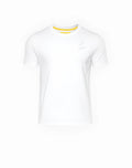 SupaWear white short-sleeved crew neck t-shirt with yellow ribbed collar and subtle chest logo for casual wear