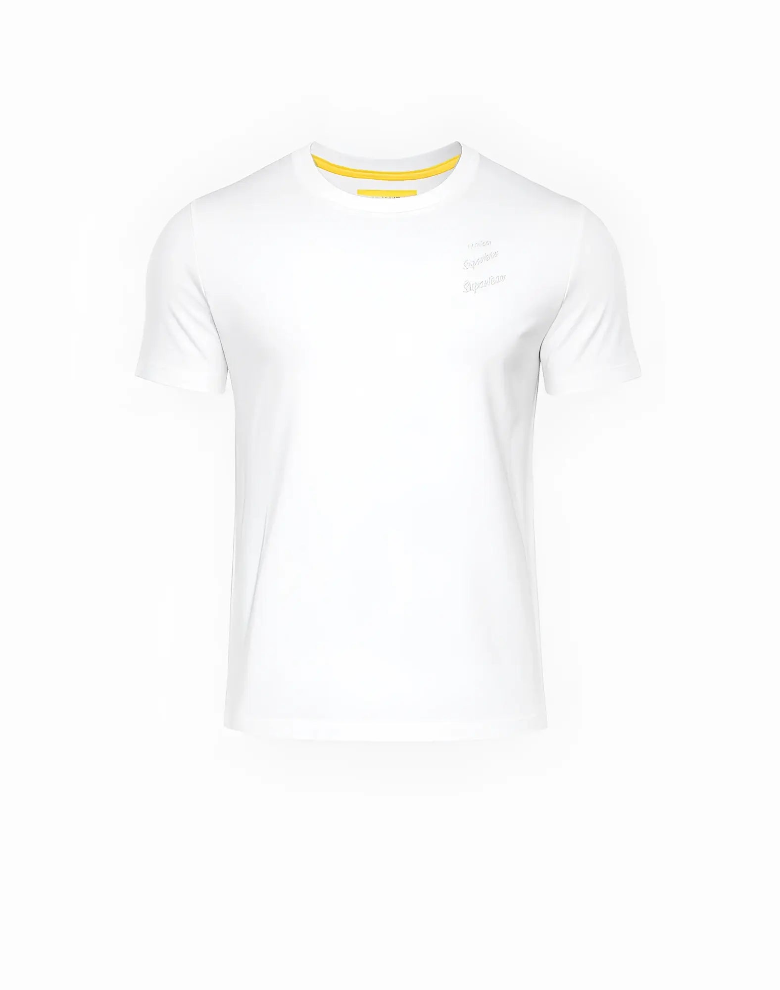 SupaWear white short-sleeved crew neck t-shirt with yellow ribbed collar and subtle chest logo for casual wear