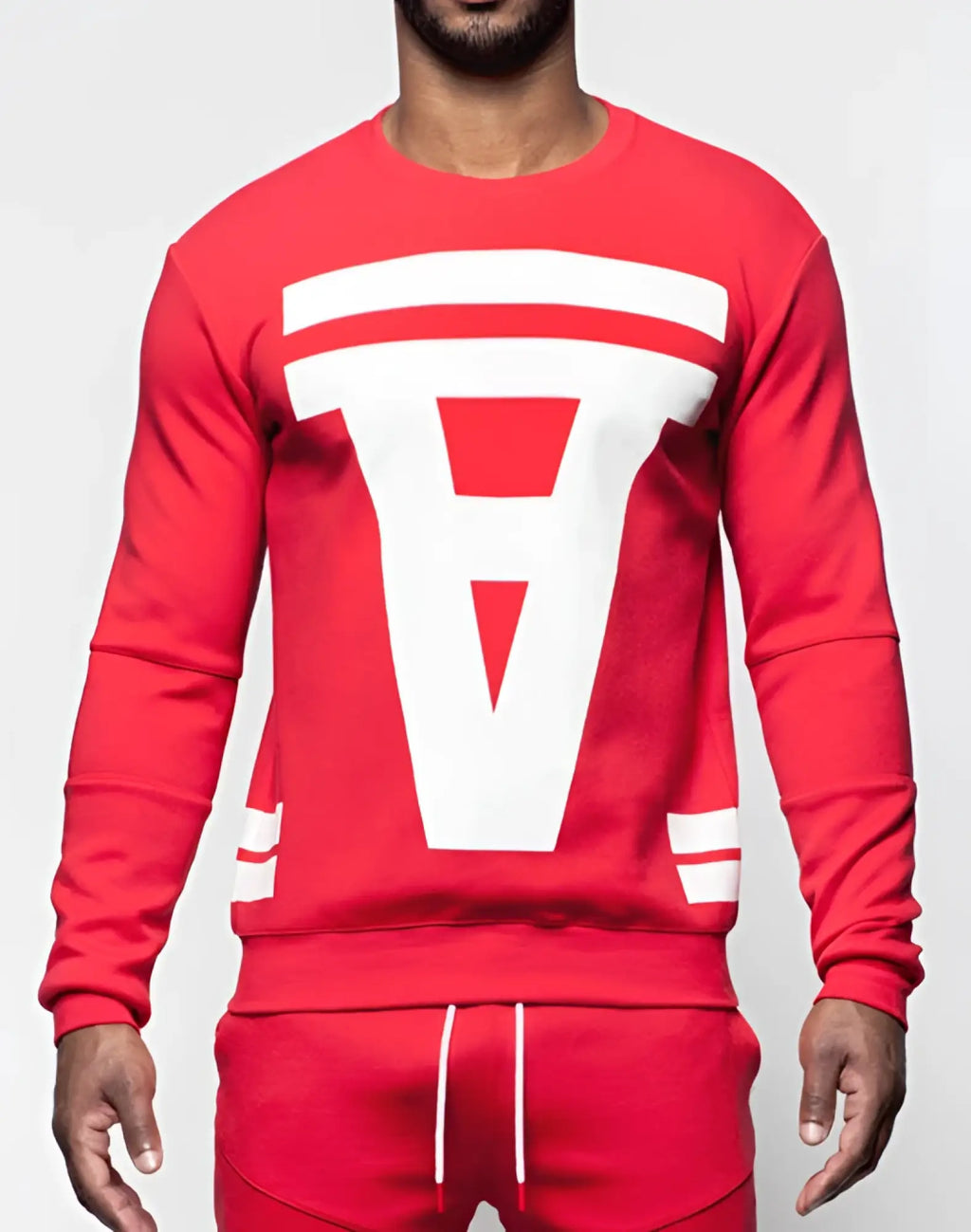 SupaWear crimson sweater red long-sleeved sweatshirt with bold white geometric logo and matching white sleeve stripes