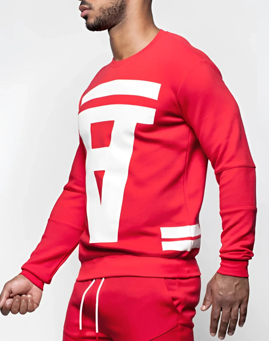 SupaWear crimson sweater red long-sleeved sweatshirt with bold white b graphic and matching sleeve stripes