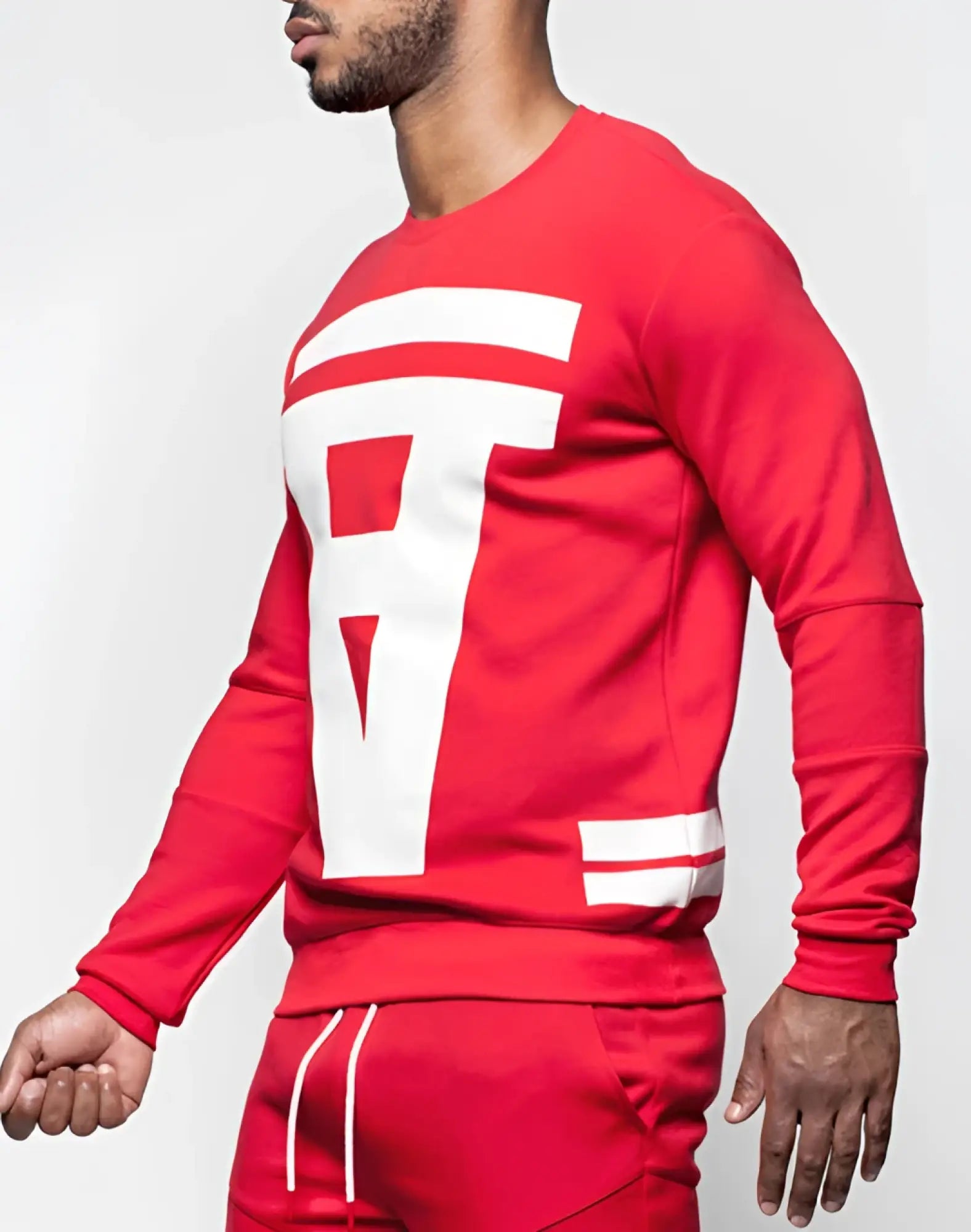 SupaWear crimson sweater red long-sleeved sweatshirt with bold white b graphic and matching sleeve stripes