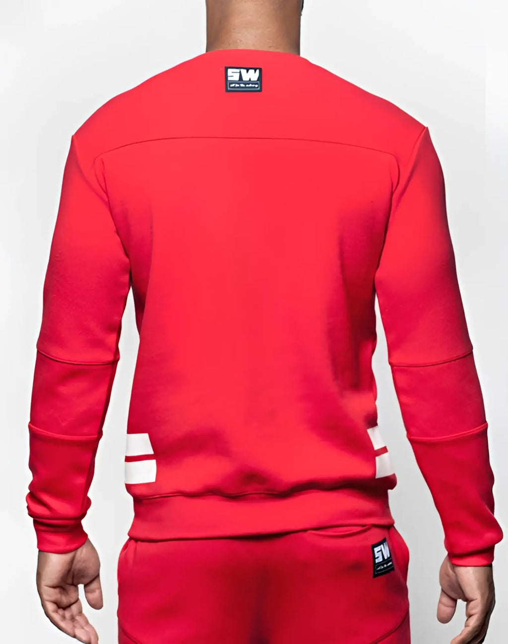 Red SUPAWEAR crimson sweater long-sleeved sweatshirt with white sleeve stripes and black 5w logo patch at neckline