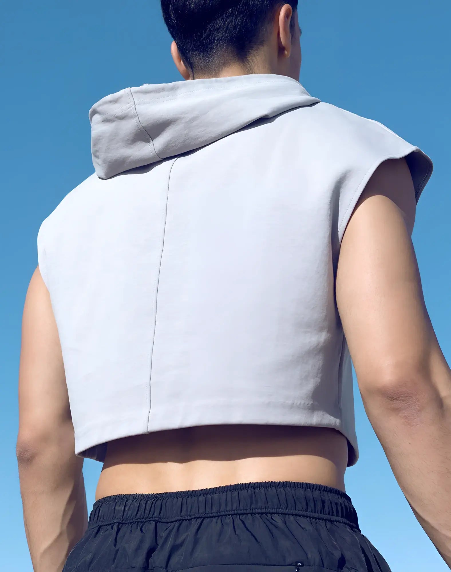 Light gray sleeveless cropped hoodie with hood from supawear made of soft fabric for casual wear