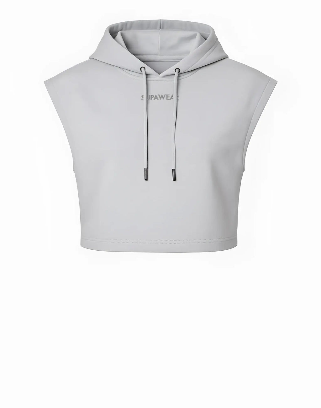 Grey cropped sleeveless SUPAWEAR hoodie with subtle logo and matching drawstrings made from light fabric