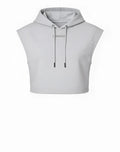 Grey cropped sleeveless SUPAWEAR hoodie with subtle logo and matching drawstrings made from light fabric