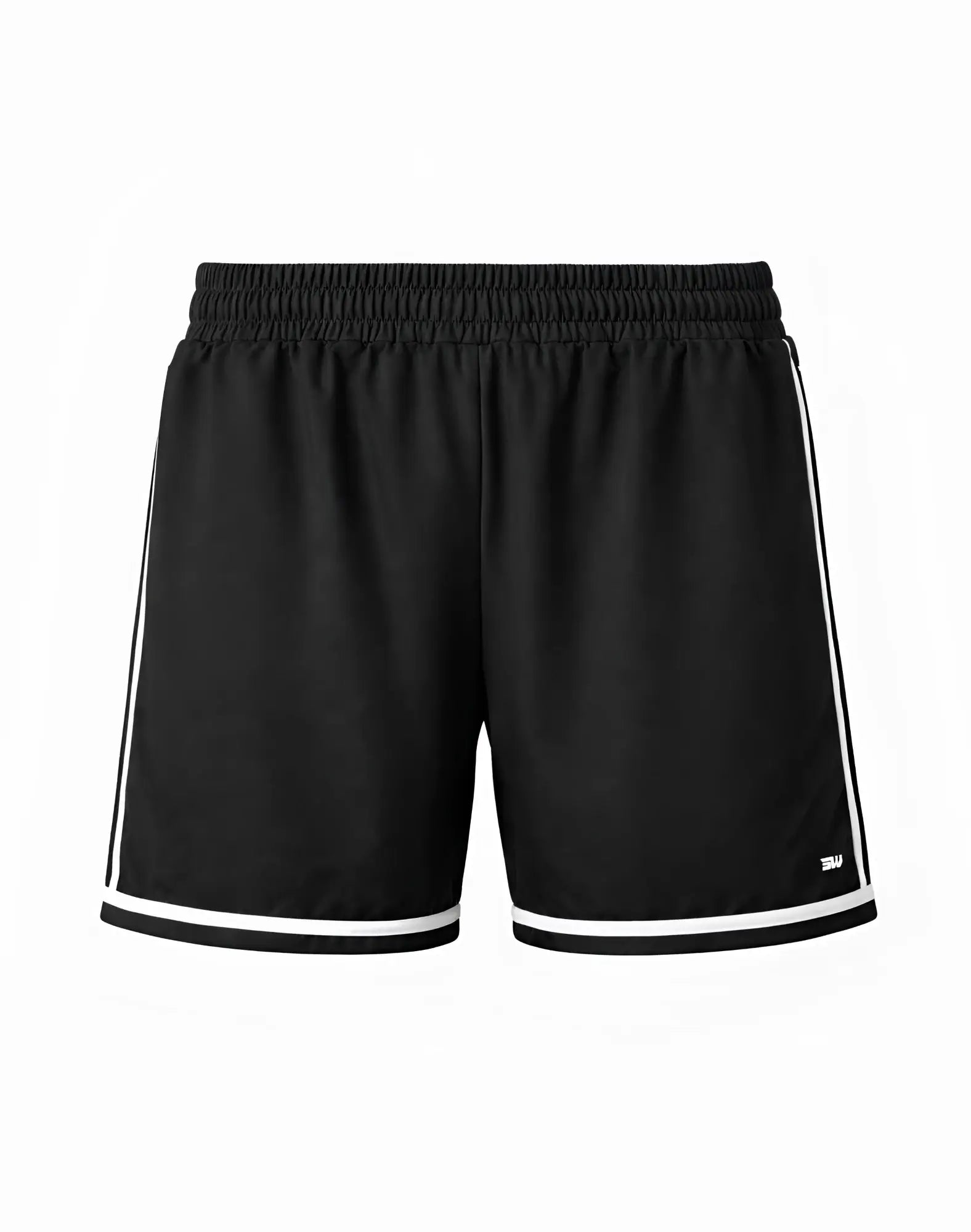 SupaWear Crux black athletic shorts with white side stripes and hem, elastic waistband for comfortable fit