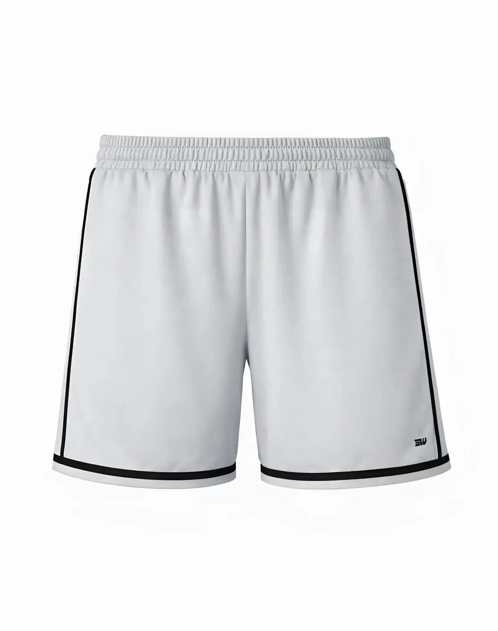 SupaWear Crux shorts in grey with white fabric, black side stripes, hem trim, and a stretch elastic waistband