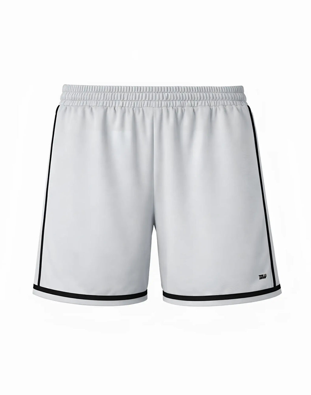 SupaWear Crux shorts in grey with white fabric, black side stripes, hem trim, and a stretch elastic waistband