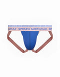 SupaWear dual jockstrap briefs in blue with pink waistband and straps featuring color blocked design