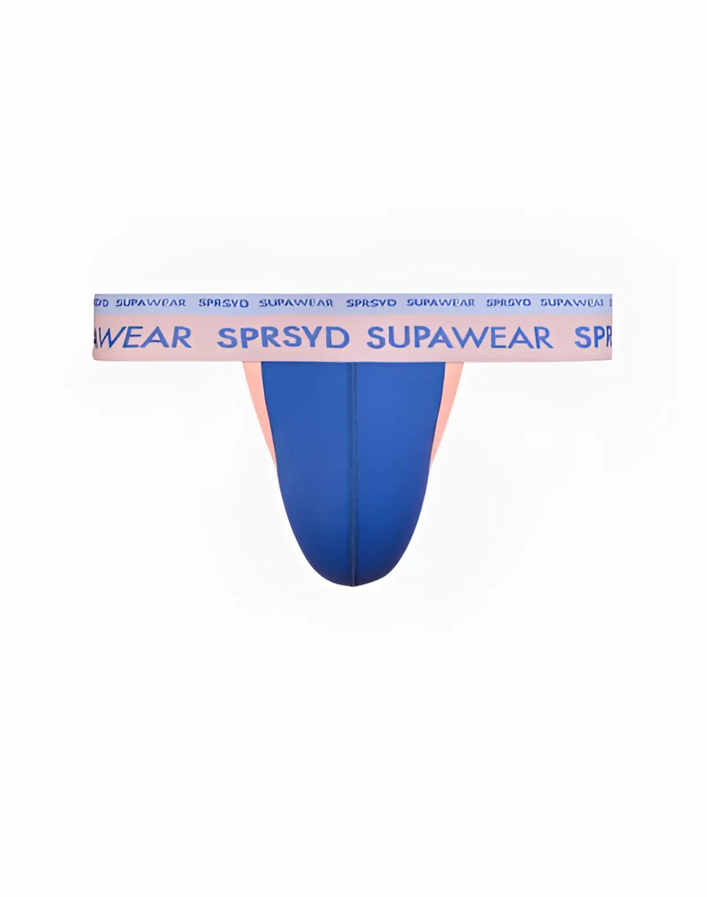 Blue supawear dual thong underwear with pink waistband featuring repeating brand text color blocked design back side view