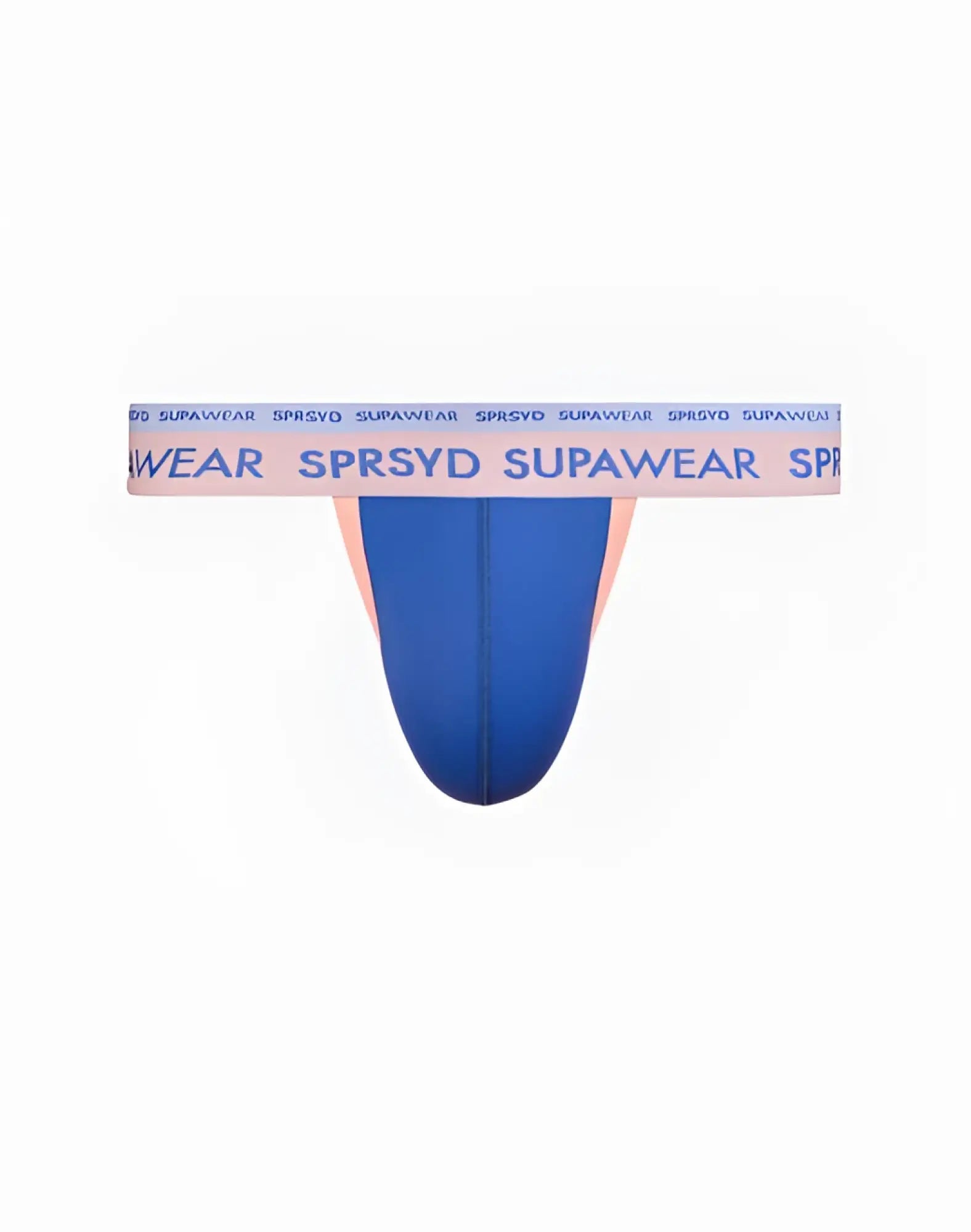 Blue supawear dual thong underwear with pink waistband featuring repeating brand text color blocked design back side view