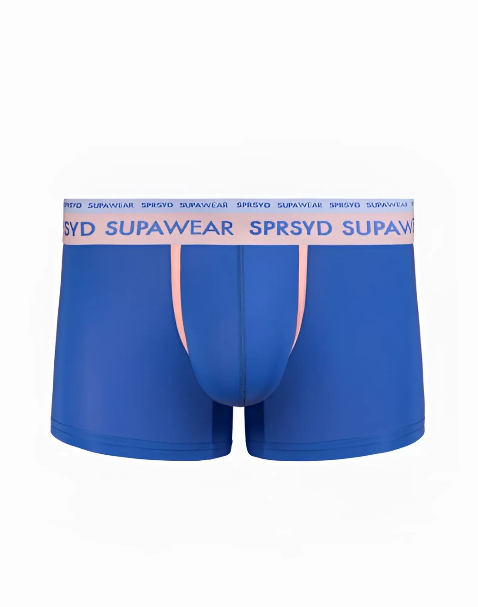 Blue supawear dual trunk underwear with white branded waistband and light pink inner seams in colour blocked design