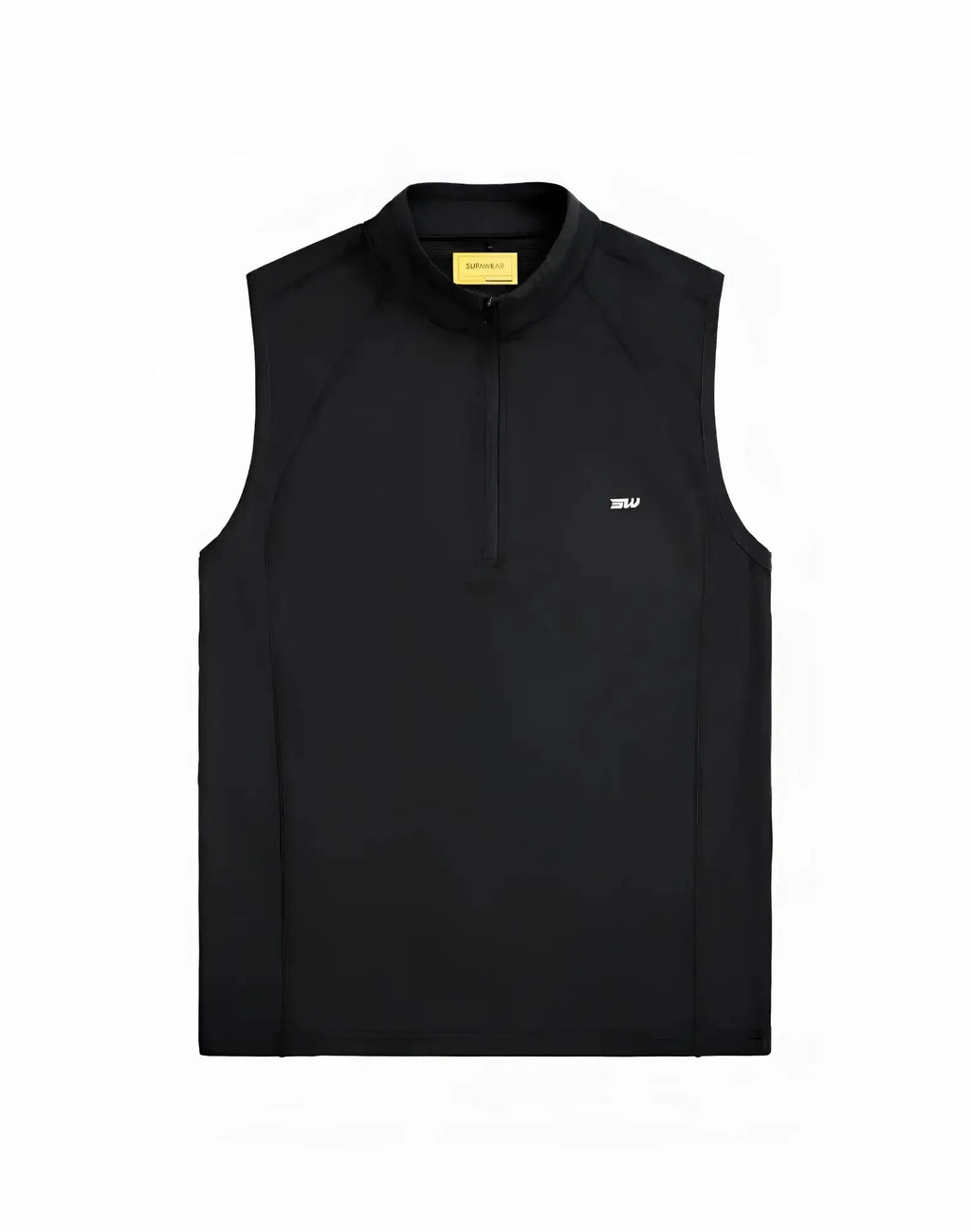 Black sleeveless supawear gym2street half-zip vest with subtle white logo and yellow brand tag at the collar
