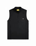 Black sleeveless supawear gym2street half-zip vest with subtle white logo and yellow brand tag at the collar