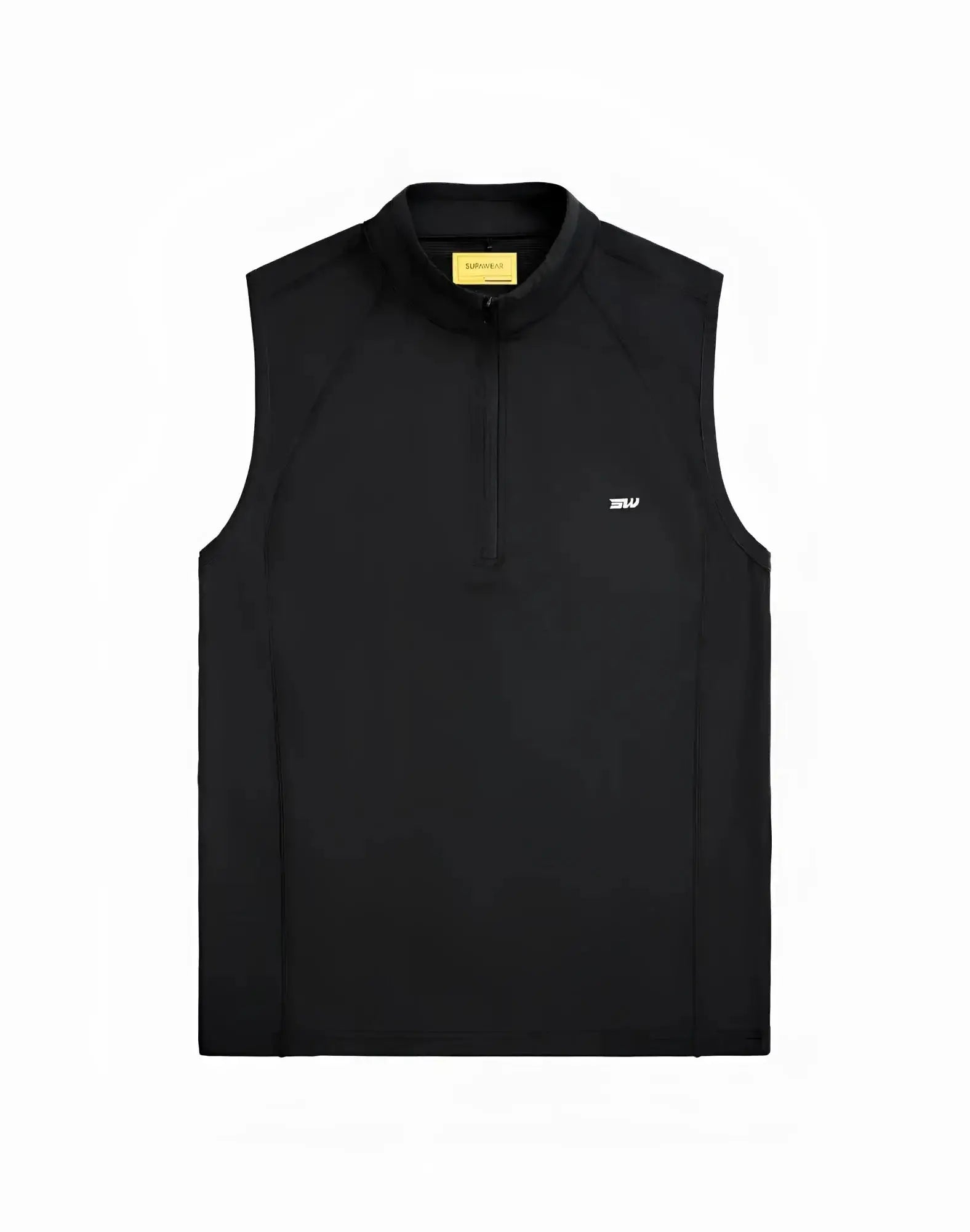 Black sleeveless supawear gym2street half-zip vest with subtle white logo and yellow brand tag at the collar