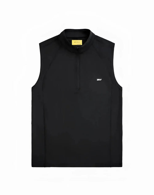 Black sleeveless supawear gym2street half-zip vest with subtle white logo and yellow brand tag at the collar