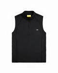 Black sleeveless supawear gym2street half-zip vest with subtle white logo and yellow brand tag at the collar