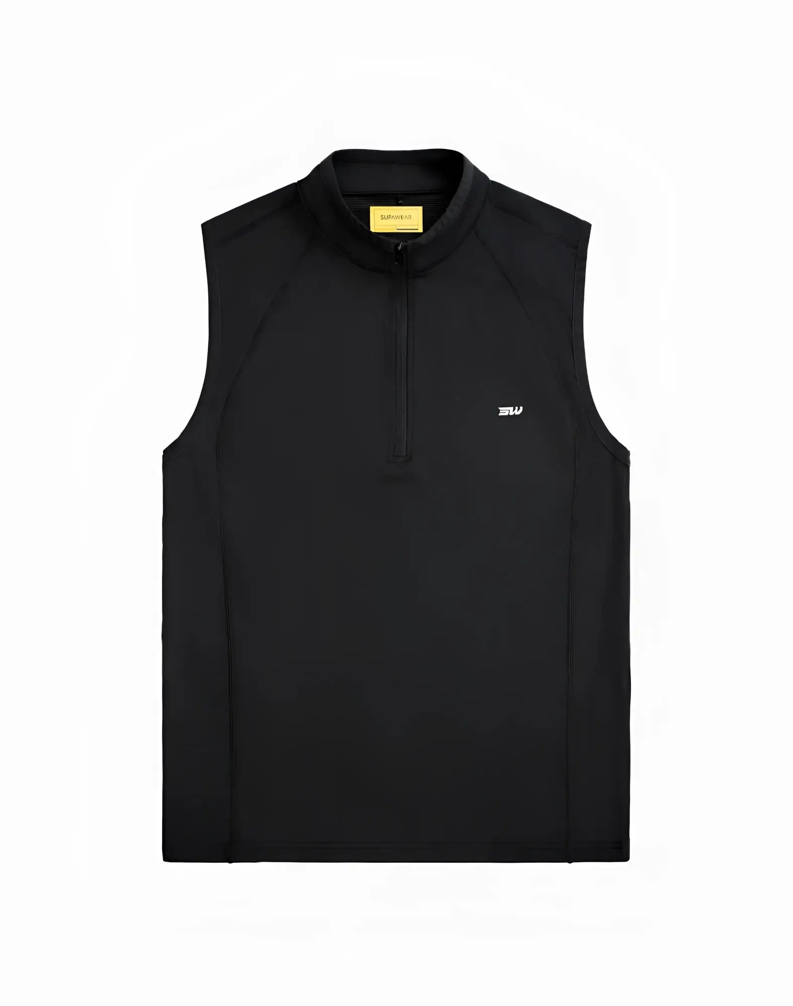 Black sleeveless supawear gym2street half-zip vest with subtle white logo and yellow brand tag at the collar