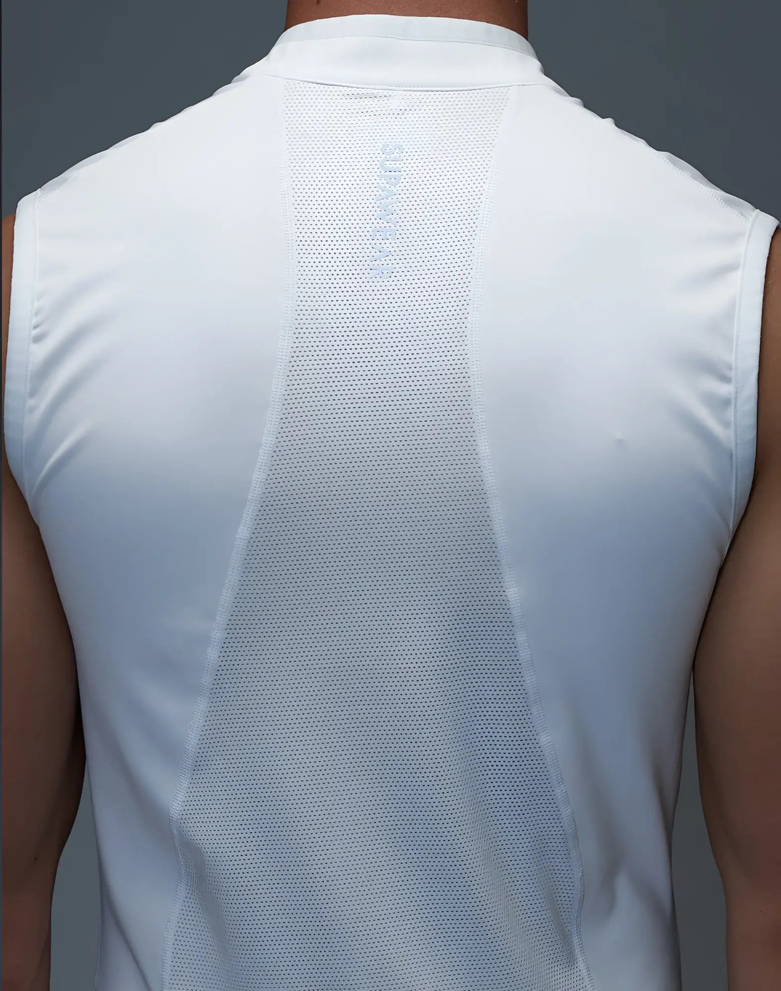 Back view of supawear gym2street halfzip vest white sleeveless athletic shirt with breathable mesh panel for ventilation