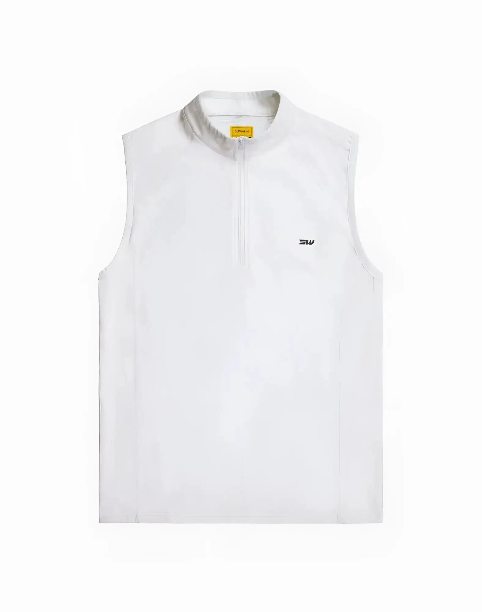 White SUPAWEAR gym2street sleeveless vest with half-zip front and subtle black logo on chest