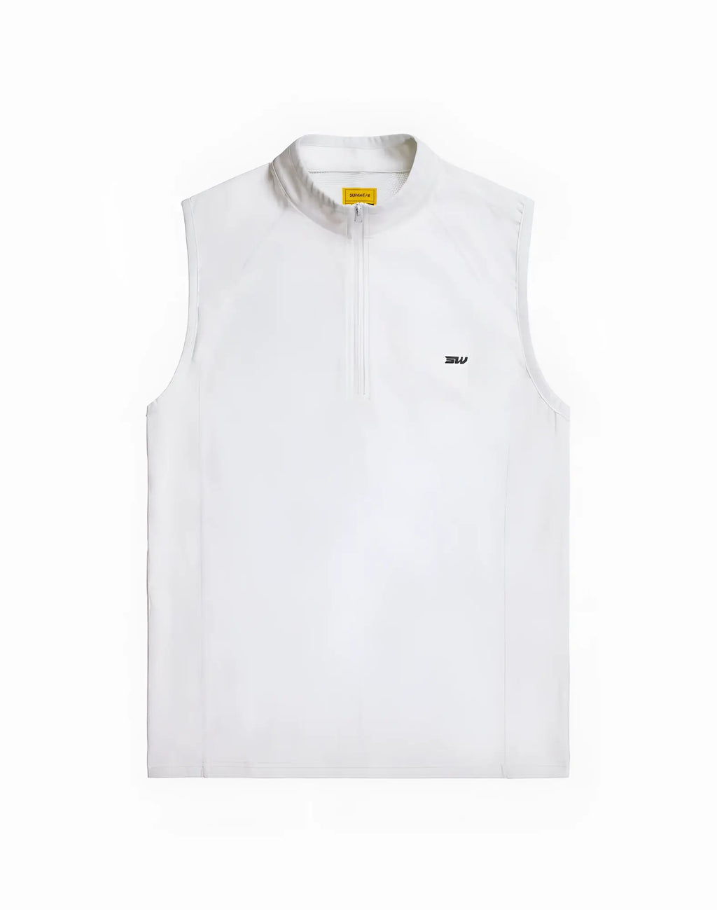 White SUPAWEAR gym2street sleeveless vest with half-zip front and subtle black logo on chest