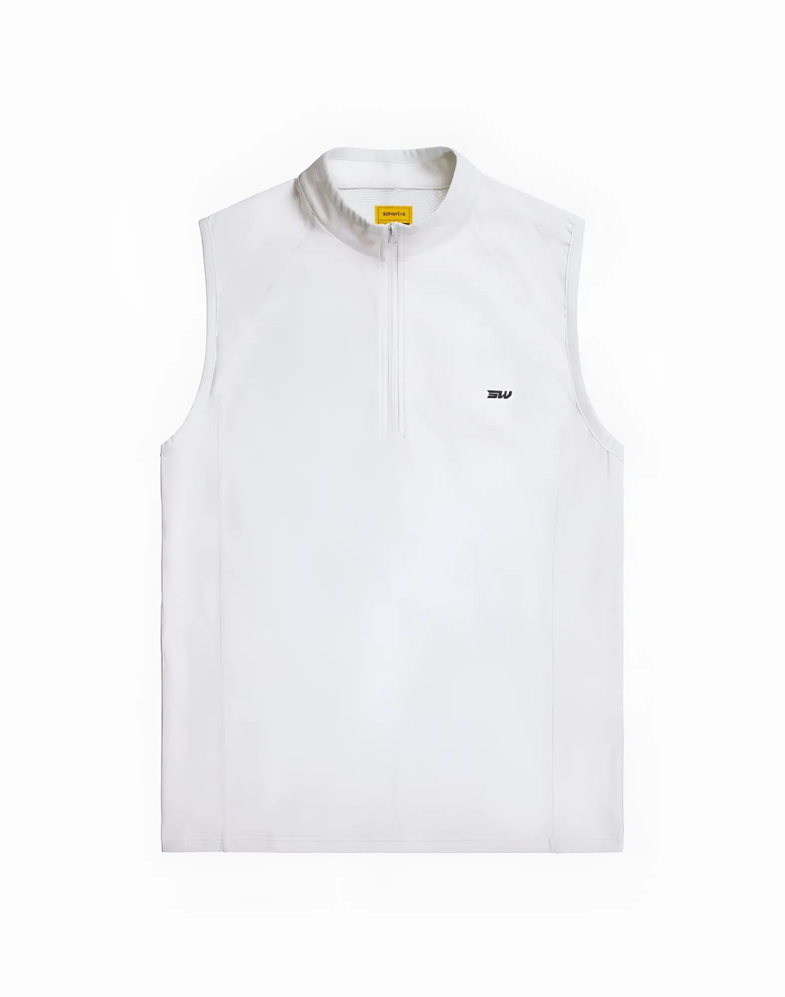 White SUPAWEAR gym2street sleeveless vest with half-zip front and subtle black logo on chest
