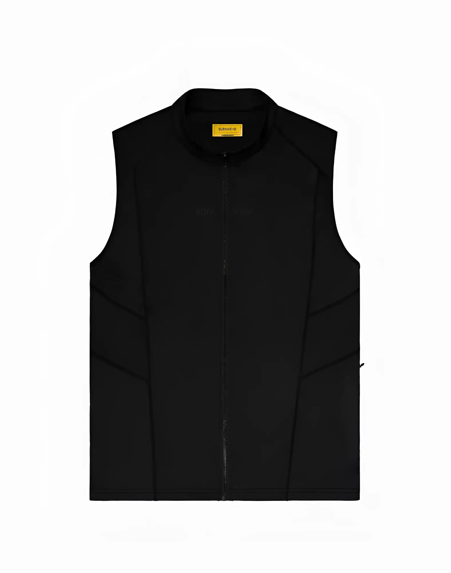 Supawear gym2street black sleeveless zip-up vest with central zipper and yellow brand tag at collar