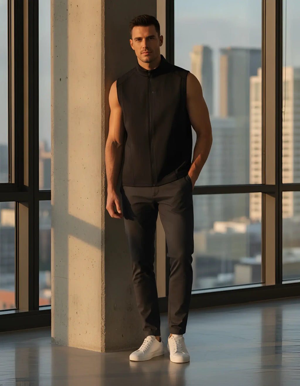 Supawear gym2street black sleeveless zip-up vest with central zipper and yellow brand tag at collar
