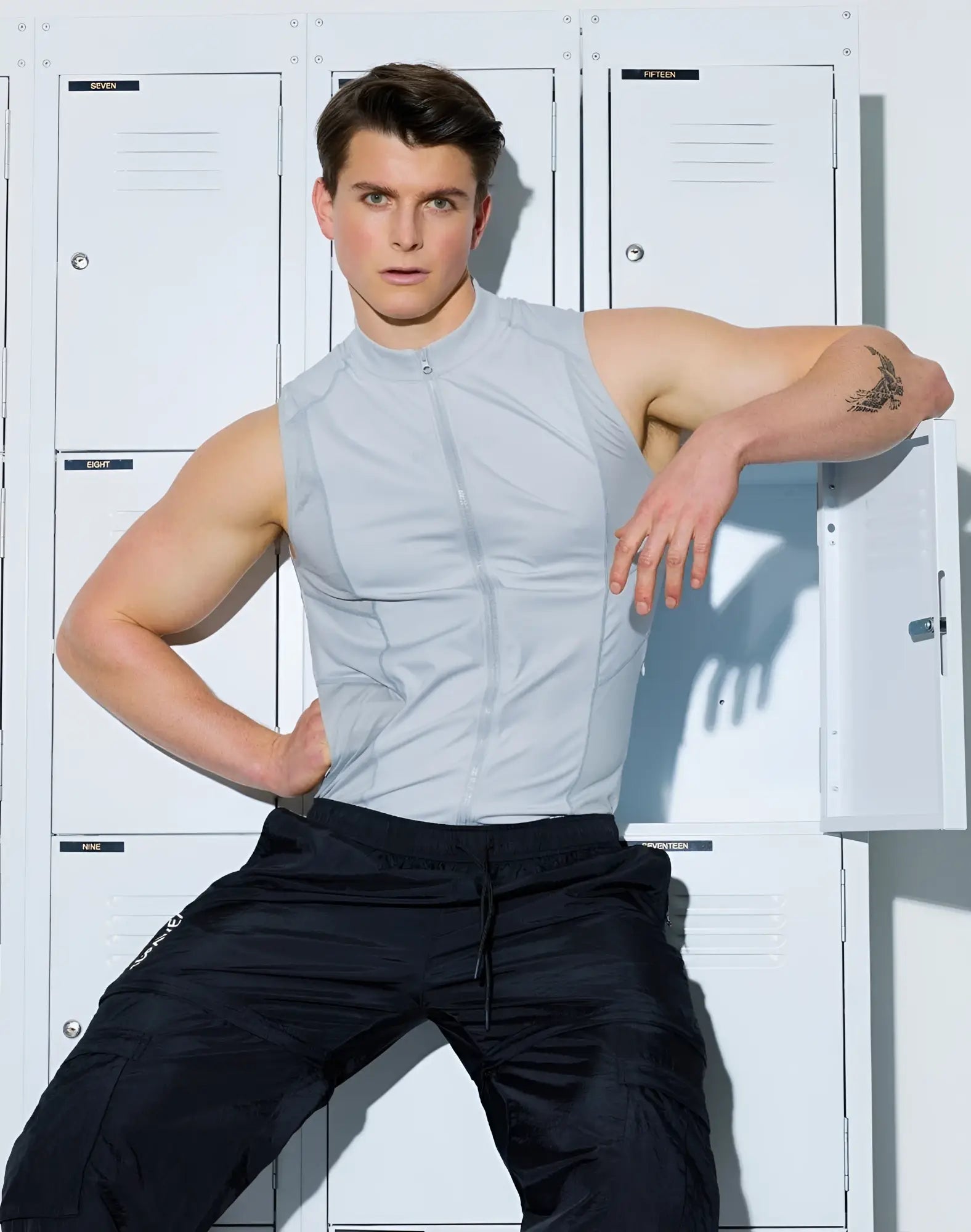 Light gray sleeveless SUPAWEAR Gym2Street zip-up vest with high collar ideal for athletic and casual wear