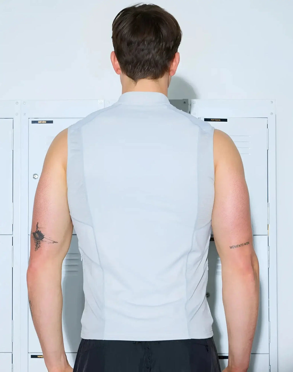 Light gray sleeveless SUPAWEAR Gym2Street zip-up vest with high collar and subtle seam detailing for athletic use