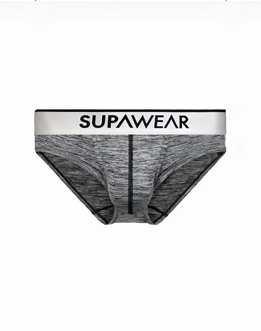 Gray heathered supawear hero brief underwear with white waistband and black lettering front view