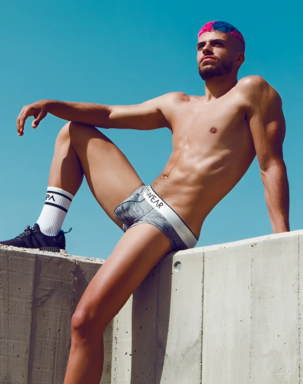Gray and white patterned supawear hero brief underwear with p.a.wear branded waistband in black color