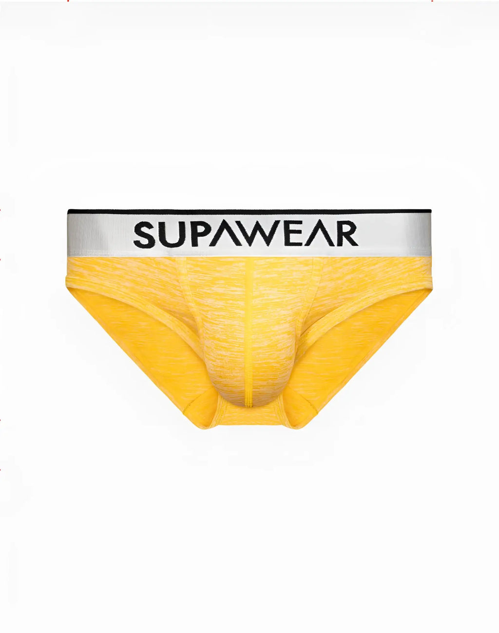 Yellow supawear hero brief underwear with silver waistband and black lettering designed for comfortable support