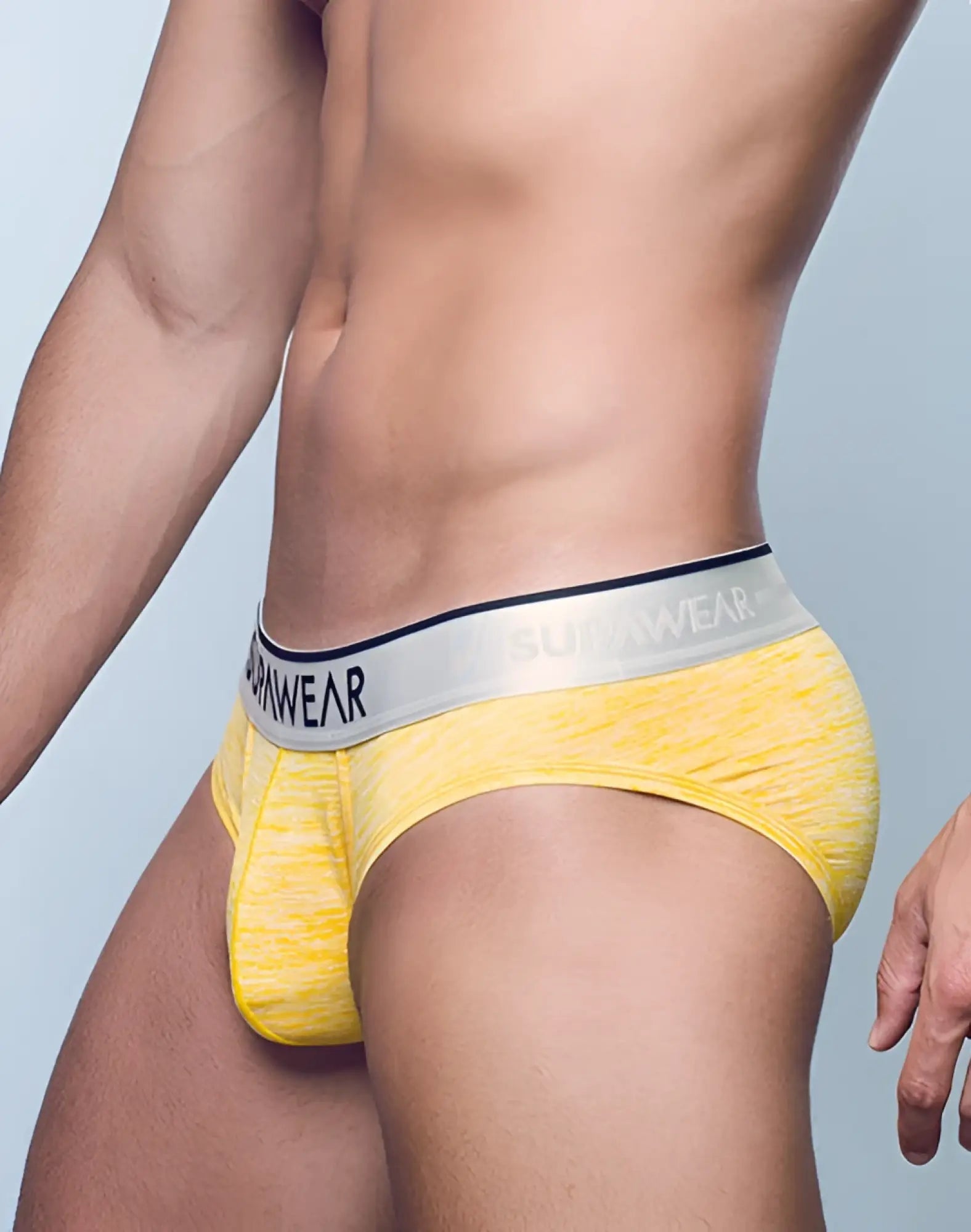Yellow textured men’s briefs with gray sunwear waistband from supawear hero brief underwear collection