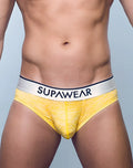Yellow supawear hero brief underwear with a white waistband featuring black lettering for comfortable daily wear