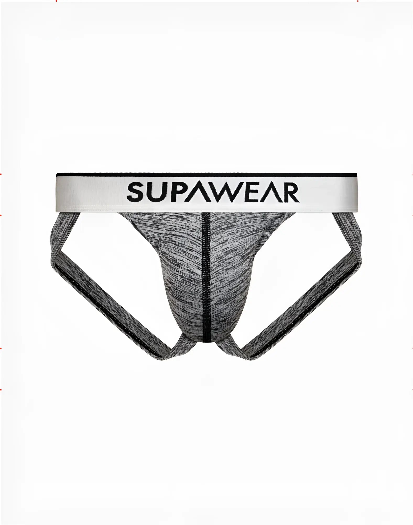 Gray heathered supawear hero jockstrap briefs with white waistband and black lettering in black color