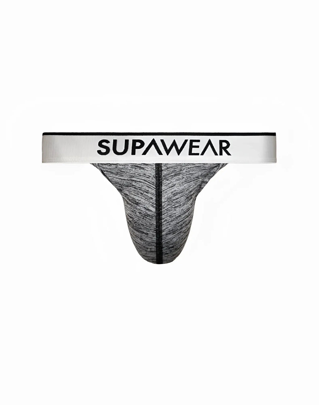 Gray heathered supawear hero thong underwear with a white waistband and black lettering front view